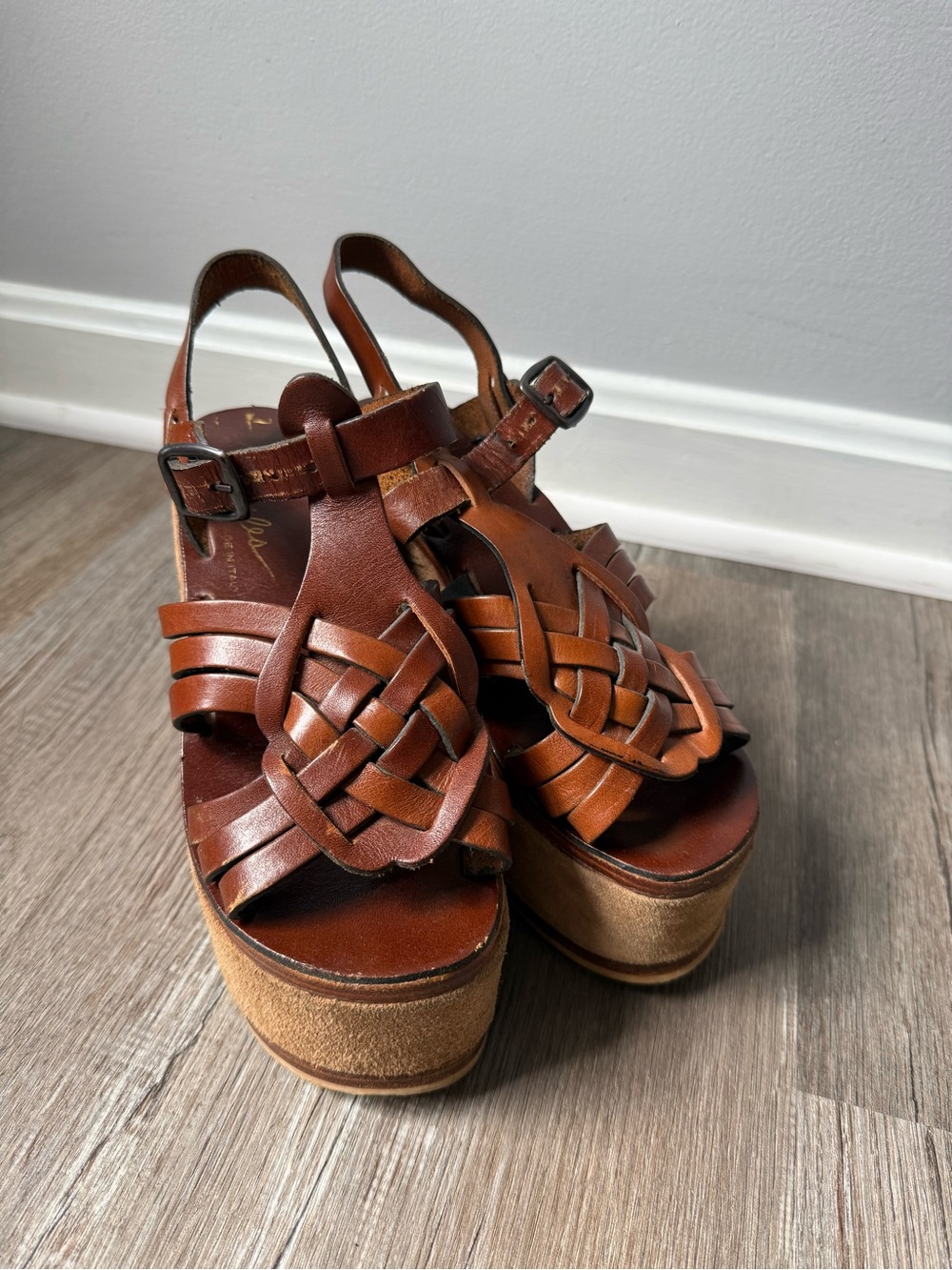 VTG Miles Leather Woven Platform Wedges Sandals Heels Hippie Boho Brown Size 7